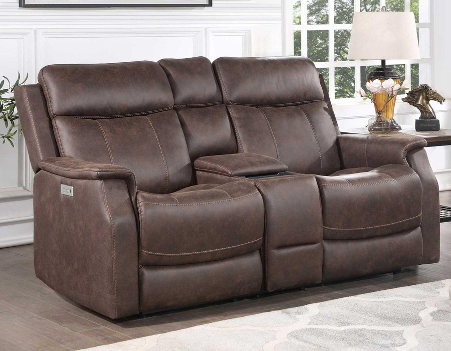 Steve Silver Valencia Dual Power Leatherette Reclining Console Loveseat in Walnut